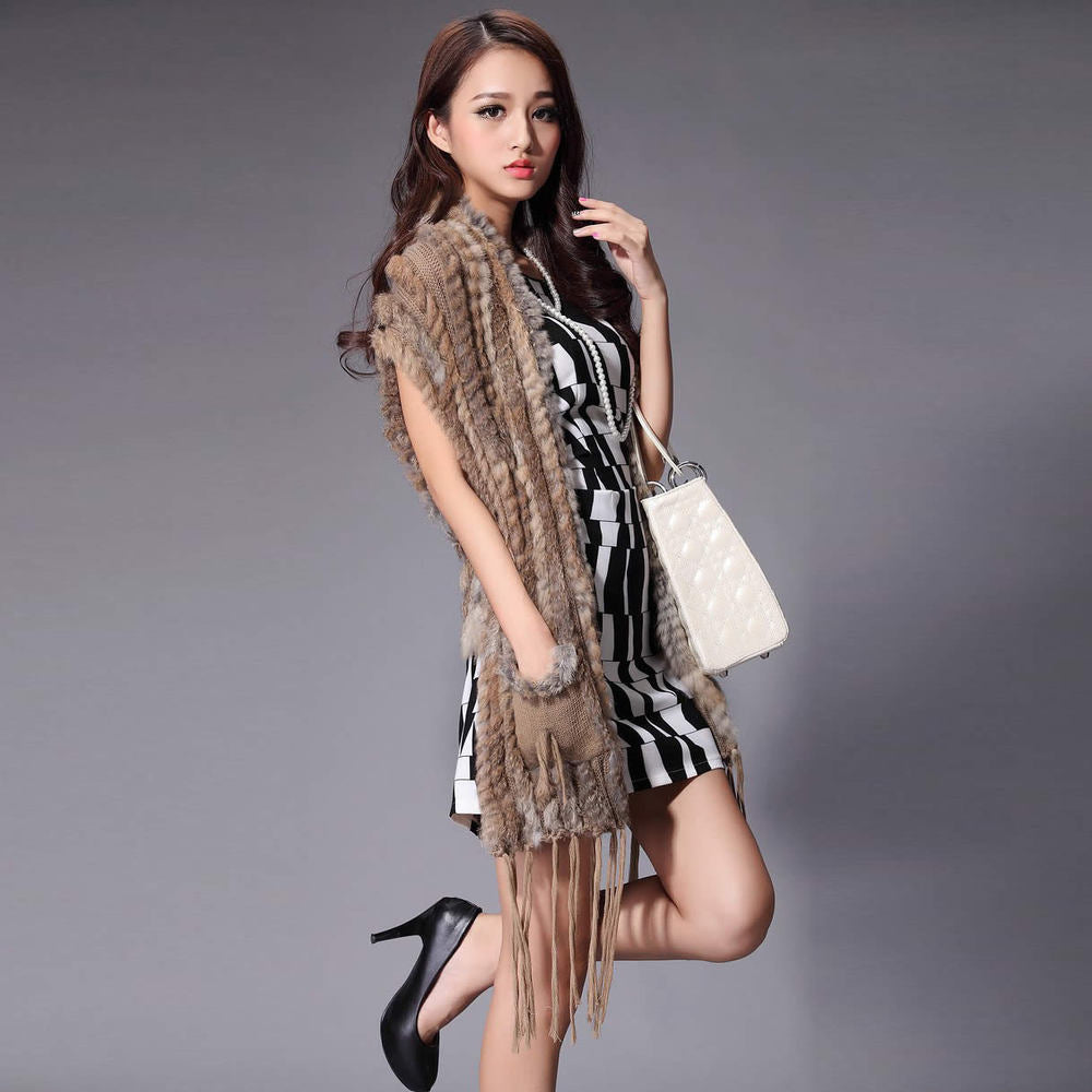 Knitted Natural Rabbit Fur Vest Double Wear Design Spring Autumn Tunic Waistcoat