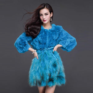 Women's Real Fur Coat Rabbit Fur Coats with Raccoon Hem Jacket