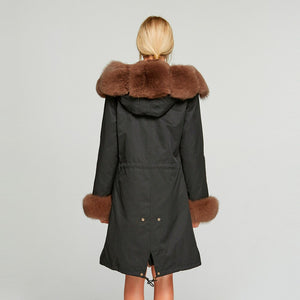 Fur Story FS18113 Women's Windproof Long Parka Detachable Rabbit Fur Lining Big Hood Jacket Fur Cuffs and Placket