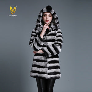 Women's Genuine Rabbit Fur Coat  with Fur Hood Winter Female Overcoat 15190