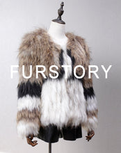 Load image into Gallery viewer, Women's Real Raccoon Fur Coat Winter Warm Contrast Color Patchwork Outwear 17107