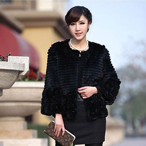 Women Genuine Rabbit Fur Coat Flower Decoration Overcoat Jacket 010131