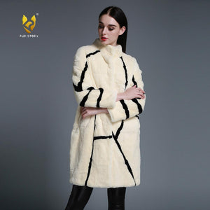 Women's Natural Fur Coat Contrast Color Real Rex Rabbit Fur Coats  161212