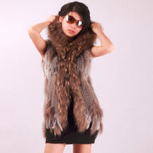 Load image into Gallery viewer, Long Women&#39;s Knitted Natural Rabbit Fur Vest Raccoon Fur Collar Hood Trim