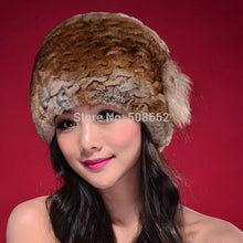 Load image into Gallery viewer, Hat Women Knitted Real Rex Rabbit Fur Hat Fur Cap Thick Beanie Fox Fur Flower Decoration Headgear Headdress Head Warmer Knitted Hats for Women FS14628