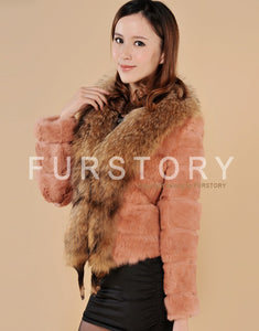 Rabbit Fur Coat Women's with Big Raccoon Fur Collar Real Natural Fur Coats Female