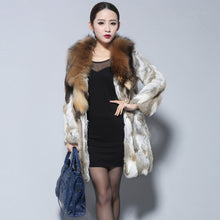 Load image into Gallery viewer, Women&#39;s Real Rabbit Fur Coat Luxury Raccoon Fur Collar Long Overcoat 010112