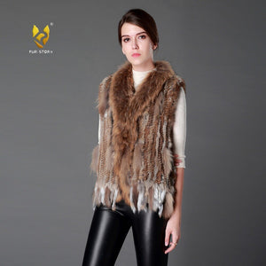 Natural Rabbit Fur Women Knitted Vest with Raccoon Sur Collar Gilet Argyle Sweater Vests