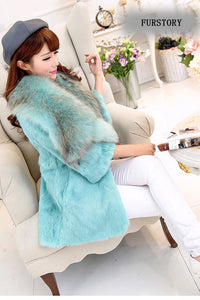 Natural Rabbit Fur Coat Jacket Real Raccoon Dog Fur Collar Trim Thick Jacket