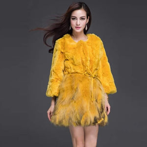 Women's Real Fur Coat Rabbit Fur Coats with Raccoon Hem Jacket