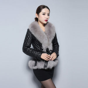Genuine Leather Coat Jacket Real Fox Fur Collar Trim Thick Jacket Winter Overcoat Garment