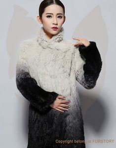 Real Knitted Rabbit Fur Long Coat Two-wear Trench Coat Gradient Color Pattern Overcoat Winter' Dress Furstory FS13067