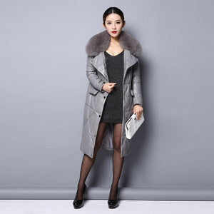 Real Sheep Leather Down Coat for Women Winter Long Overcoat Hood Jackets 151245