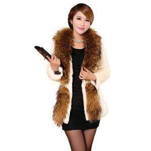 Natural Rabbit Fur Coat Supper Big Raccoon Fur Collar Women Overcoat