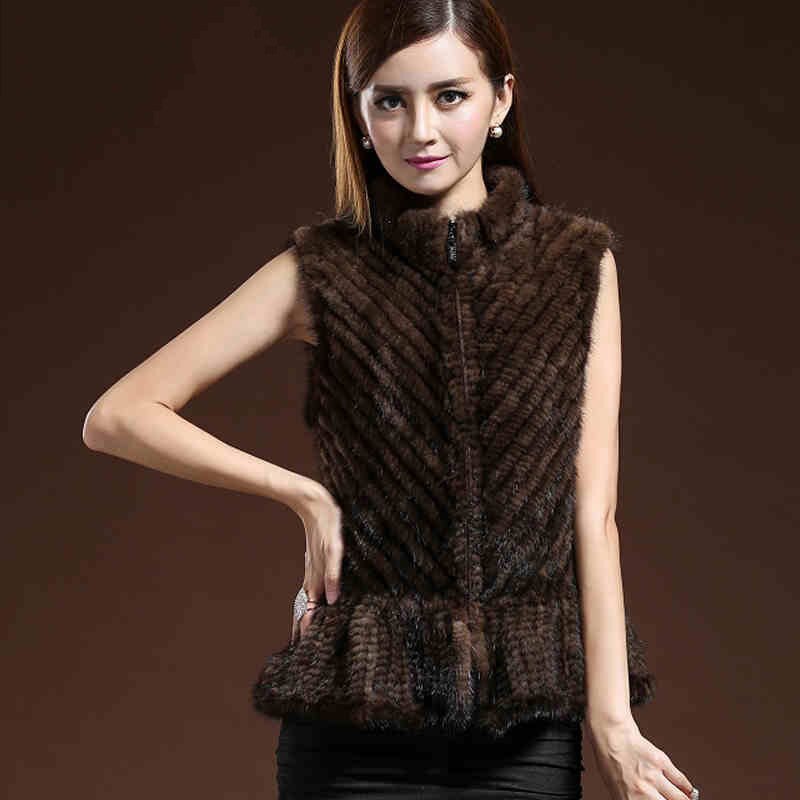 Women Vest Real Mink Fur Twill Stripes Skirt Hem Knitted 15269