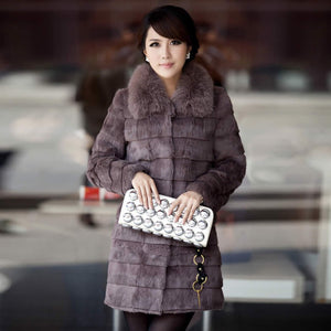 Womens Coat Real Rabbit Fur Coat with Fox Fur Collar Coat Jacket Overcoat Winter Coat