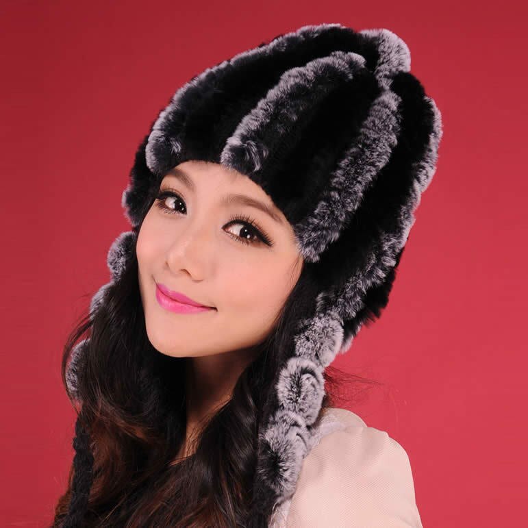 Women Beanies Real Rex Rabbit Fur Hat Ear Muffs Winter 13605