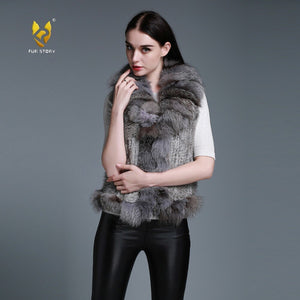 Natural Rabbit Fur Vest Big Fox Fur Collar Jacket Coat