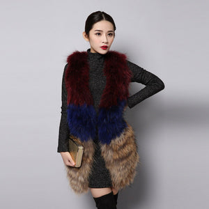 FS15295 Women's Real Fur Vest Winter Furry Double Color Handmade Knitted Natural Raccoon Fur Vest Female Fur Story