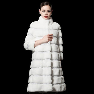 Natural Rex Rabbit Coat Women Grace Long Overcoat Jacket Winter Outerwear