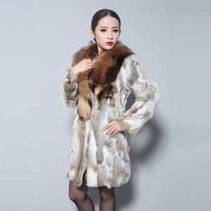 Women's Real Rabbit Fur Coat Luxury Raccoon Fur Collar Long Overcoat 010112