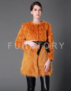 Women's Real Fur Coat Rabbit Fur Coats with Raccoon Hem Jacket