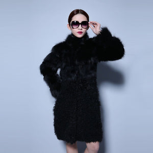 Natural Fox Fur Coat Lamb Fur Overcoat Top Quality Fur Jacket Women's Long Outwear