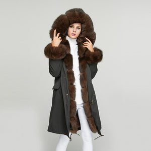 Fur Story FS18113 Women's Windproof Long Parka Detachable Rabbit Fur Lining Big Hood Jacket Fur Cuffs and Placket