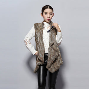 Women's Knitted Real Rabbit Fur Vest Europe Latest Style Long Vest Waistcoat Jacket