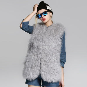 Women's Real Lamb Fur Vest Natural Fur Waistcoat Furry Sleeveless Garment 16202