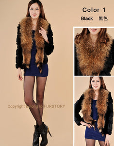 Rabbit Fur Coat Women's with Big Raccoon Fur Collar Real Natural Fur Coats Female