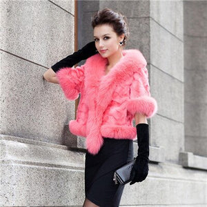 Natural Mink Coat Female with Big Fox Fur Collar Winter Jacket Women 15116