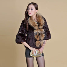Load image into Gallery viewer, Real Rabbit Fur Coat Raccoondog Fur Collar with Hood Overcoat Jacket Waistcoat 7colors Short Version FS13073