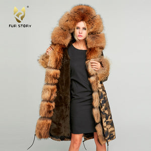 Fur Story FS18113 Women's Genuine Rabbit Fur Lining Big Hood Jacket Fur Cuffs and Placket Women Parka