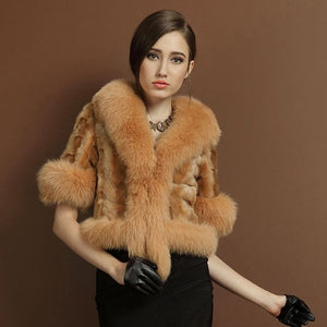 Natural Mink Coat Female with Big Fox Fur Collar Winter Jacket Women 15116
