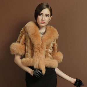 Natural Mink Coat Female with Big Fox Fur Collar Winter Jacket Women 15116