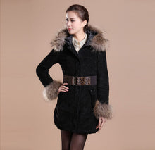 Load image into Gallery viewer, Winter Pig Leather Suede Windbreak with Natural Raccoon Fur Hood Slim Waist Women&#39;s Coats