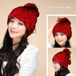 Women's Hats Knitted Real REX Rabbit Fur Beanie Hat 14603