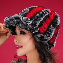 Load image into Gallery viewer, Women&#39;s Hats Winter Real Rex Rabbit Fur Hat Wool Visor Ski Hat Cap 13615
