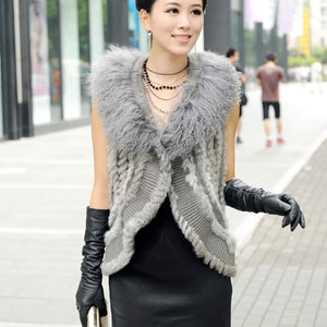 Natural Rabbit Fur Vest with Lamb Wool Fur Collar Hand Knit Vest Coat Jacket Shawl 6colors