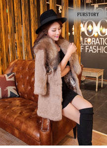 Natural Rabbit Fur Coat Jacket Real Raccoon Dog Fur Collar Trim Thick Jacket