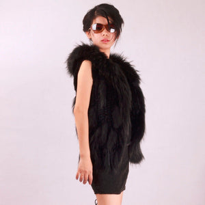 Women's Short Real Rabbit Fur Vest with Fur Hood Raccoon Fur Hood Trim and Placket Hand Knitted