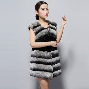Natural Rex Rabbit Fur Vest Fashion Warmer Outerwear Sleeveless Women Long Coat