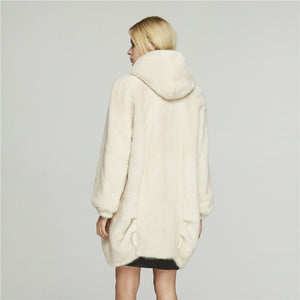 Fur Story FS18118 Women's Genuine Mink Fur Long Coat Winter Warm Hood Cocoon Jacket
