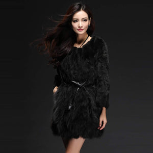 Women's Real Fur Coat Rabbit Fur Coats with Raccoon Hem Jacket