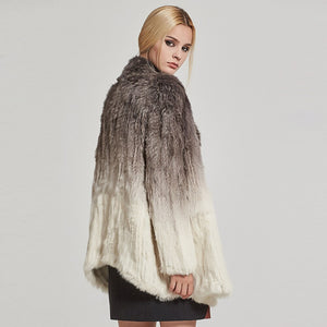 Women's Knit Real Rabbit Fur Coat Slit Jacket Winter Warm Coat Gradient 17140