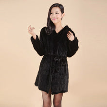Load image into Gallery viewer, Women&#39;s Genuine Knitted Mink Fur Coat Hooded with Belt Long Real Fur Coat 15180