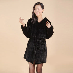 Women's Genuine Knitted Mink Fur Coat Hooded with Belt Long Real Fur Coat 15180