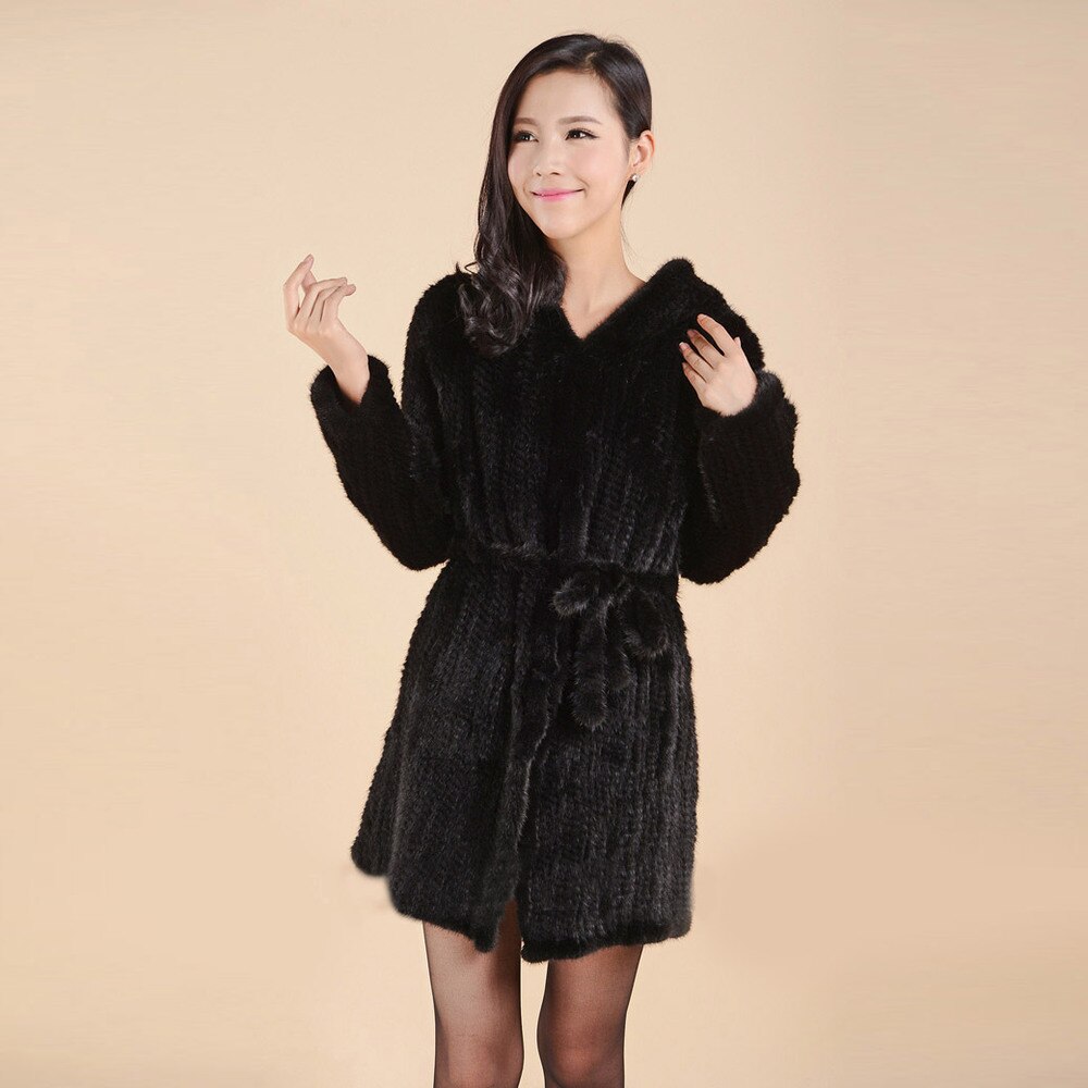Women's Genuine Knitted Mink Fur Coat Hooded with Belt Long Real Fur Coat 15180
