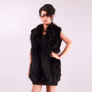 Women' S Long Real Rabbit Fur Vest Raccoon Fur Collar and Placket Tassel Decoration